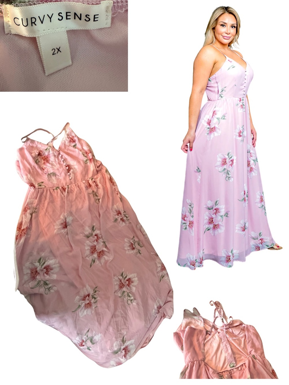 Curvy Sense Pink Floral Spaghetti-Strap Maxi Dress